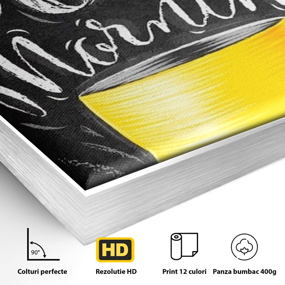 Detaliu al suprafetei: tablou canvas cu ceasca galbena, in rama de aluminiu argintiu